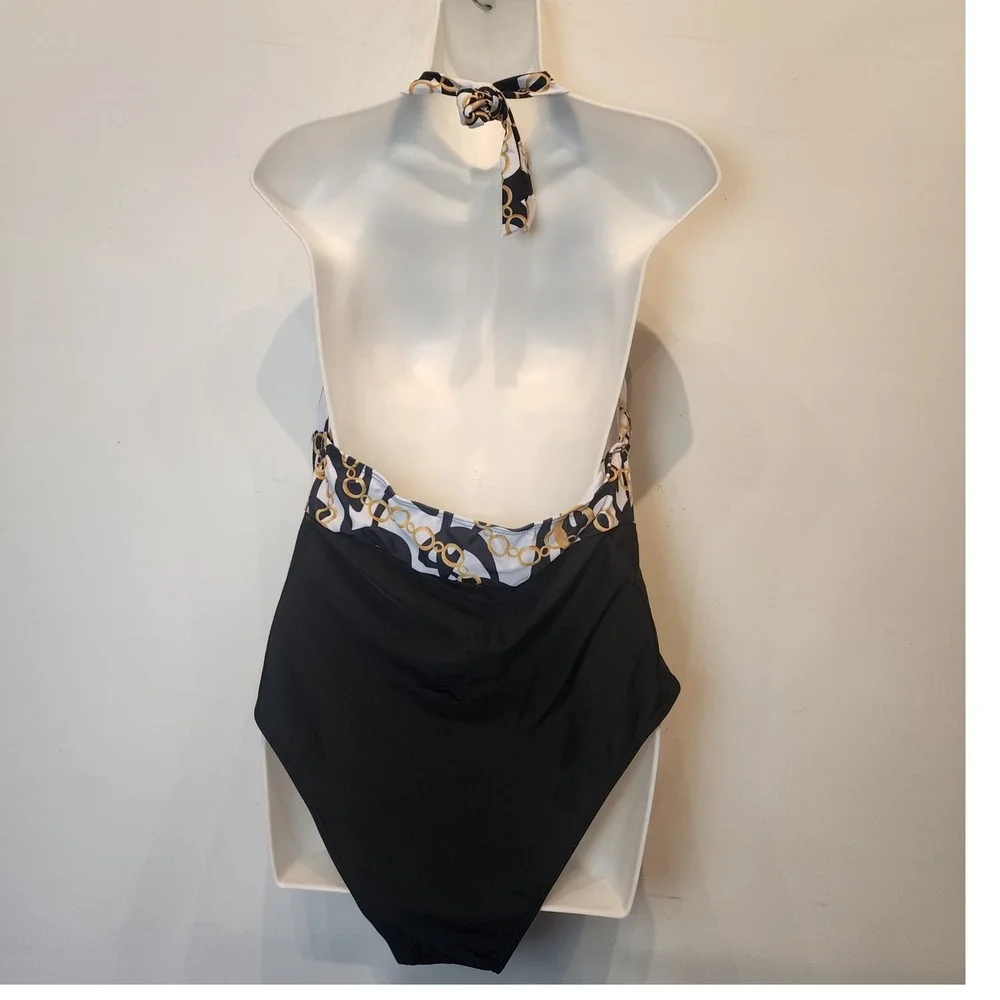 One Piece Swimsuit Womens XXL Black‎ Gold Chain Link Halter Ruched Plunge
